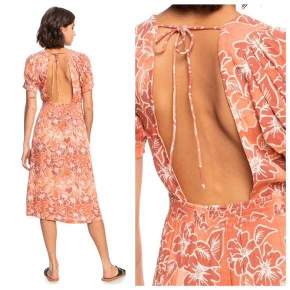 NWT Roxy Papaya Punch Palmy Breeze Orange Cut - Out Back Midi Dress, size Large - Picture 6 of 9